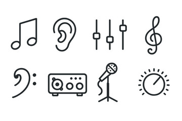 Music Icon Line Art. Line style icons of music and instruments: music annotation icon, ear icon, tone shaping icon, treble boost,