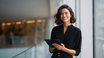 Smiling Young Hispanic Professional Woman with Tablet
