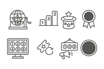 Lottery Icons Collection. Line style icons of lottery: random number generator, prize tiers chart, jackpot winner hat, verified