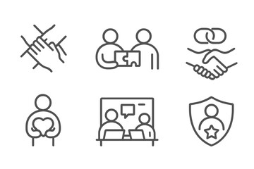 Community Icons. Line style icons of communities: hands in unity, joint problem solving icon, trust-based link, collaboration