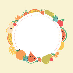 Background with round fruits frame and white round space for text. Apple, pear, watermelon, mango, lemon, pomegranate, orange, banana, orange slices, grapes, cherry. Flat illustration