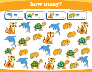 Counting game of wild animals for preschool kids. Printable. Vector Illustration