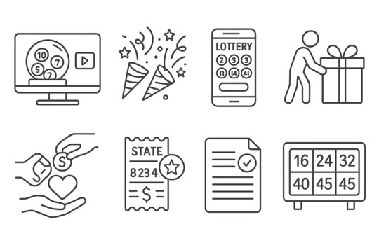 Lottery Icons Set. Line style icons of lottery: live draw stream, celebration confetti, online lottery form, prize collection icon