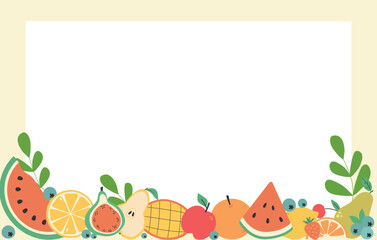 Background with  fruits  and white rectangular  space for text. Apple, pear, watermelon, mango, lemon, pomegranate, orange, banana, orange slices, grapes, cherry. Flat illustration