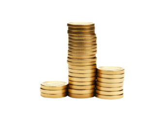 stacks of gold coins isolated on white or transparent png