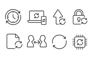 Data Sync Icons. Line style icons of data synchronization: automatic sync clock, device sync status, priority sync, secure sync