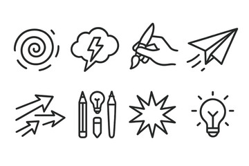 Creativity Icons. Line style icons of creativity: imagination swirl, brainstorm cloud, hand holding brush, flying paper plane,