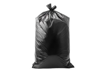 black plastic trash bag isolated on white or transparent png
