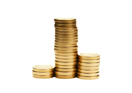 stacks of gold coins isolated on white or transparent png