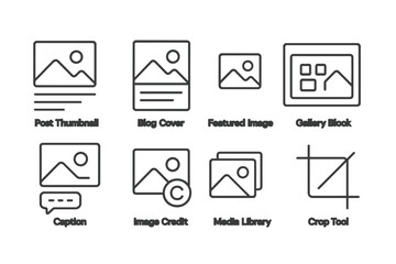 Blogging Tools Icons. Line style icons of blogging tools: post thumbnail, blog cover, featured image, gallery block, caption icon,