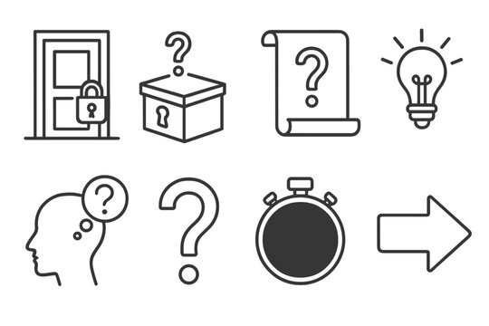 Puzzle Game Icons. Line style icons of puzzle games: escape room door, mystery box, riddle scroll, hint icon, think symbol,