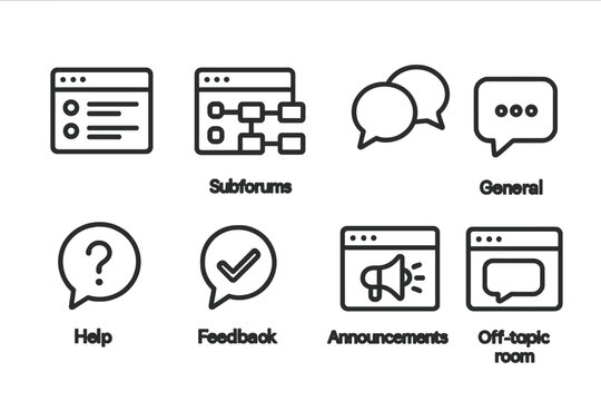 Online Forum Icons. Line style icons of online forums: forum categories, subforums, group threads, general chat, help section,