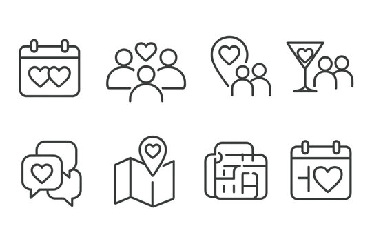 Dating App Line Icons. Line style icons of dating apps: shared events, mutual group, community date, local hangout, group chat,
