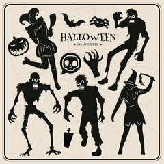 Collection of Halloween silhouettes with zombie and friends