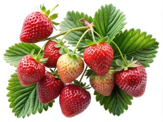 Cluster of Fresh Strawberries with Green Leaves on a White Background
