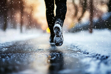 Silhouette of a person walking in snow during sunset glow