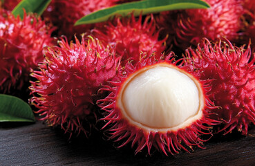 Close-up of rambutan showcasing vibrant spiky skin and white fruit