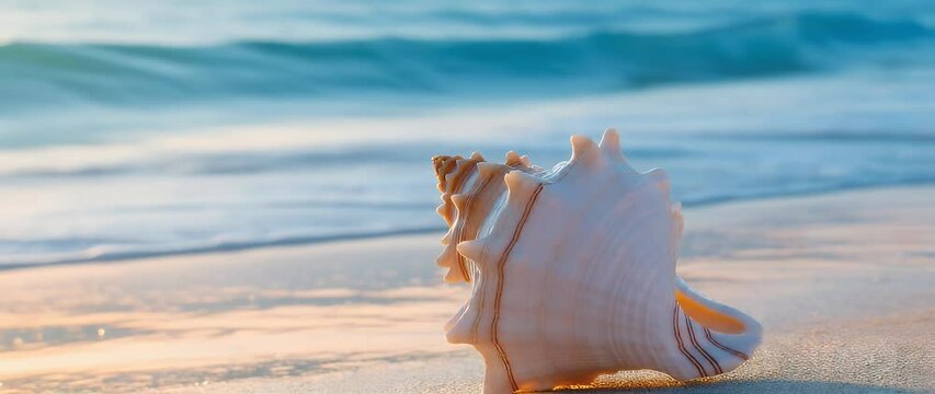 Close Up Of White Conch Shell On Sandy Beach With Blue Sea Waves And Golden Lighting