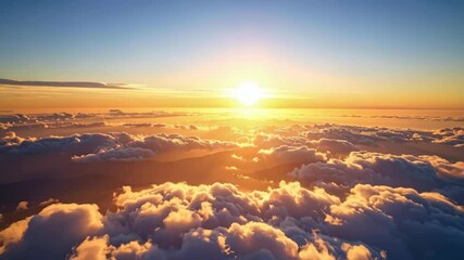 Aerial view of fluffy cumulus clouds illuminated by warm sunlight at sunrise or sunset above mountainous landscape - Powered by Adobe