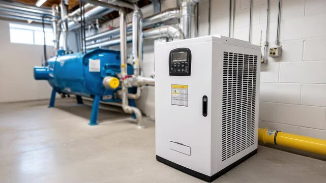 Industrial heat pump and air compressor equipment modern mechanical room with blue tank, advanced piping, and control panel, showcasing energy efficiency, sustainable heating technology