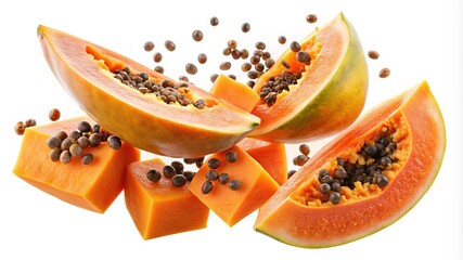 Fresh slices of papaya fruit with scattered seeds on a bright background