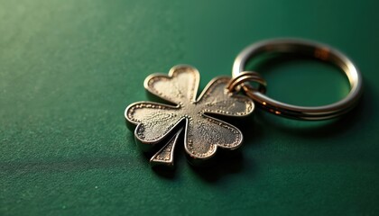 Metallic four-leaf clover keychain on emerald green background. Symbol of good luck, fortune and Irish culture, gift, St Patricks Day. Close-up studio shot. Perfect for design, marketing.