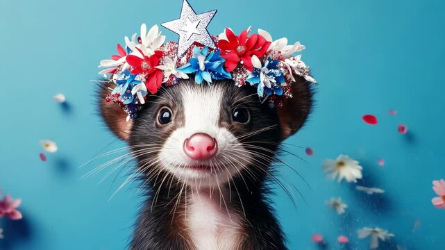 Cute ferret wearing festive floral crown with patriotic decorations on blue background. Independence Day, Fourth of July, July 4th - American Freedom Celebration, US National Holiday USA