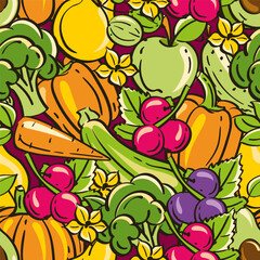 Seamless Pattern of Colorful Fruits and Vegetables