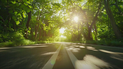 Obraz premium Serene Sunlit Forest Paths: Morning Light Filtering Through Lush Canopies