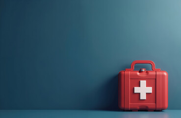 Red first aid kit with white cross mark set against blue wall. Medical supplies for emergency preparedness. Healthcare essentials, toolbox for rescue treatment awareness readiness protection.