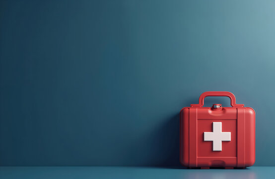 Red first aid kit with white cross mark set against blue wall. Medical supplies for emergency preparedness. Healthcare essentials, toolbox for rescue treatment awareness readiness protection. - Powered by Adobe