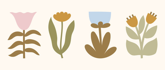 Vintage boho flowers vector illustrations set. Neutral colors minimalist floral plants clipart