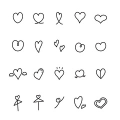ハートの手描きイラスト　手書き・落書き風あしらい飾りアイコンセット　アウトライン前・線幅の編集可能