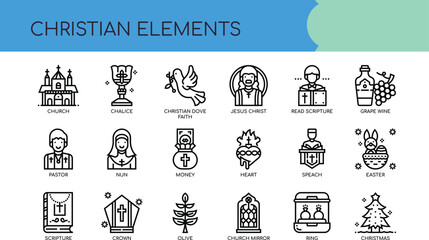 Naklejka premium High-Quality Christian Elements Line Icons Church, Bible, Cross, Dove, Holy Spirit, and More