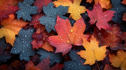 Colorful autumnal leaves covered in raindrops creating a vibrant seasonal palette and a moody atmosphere