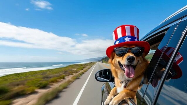 Patriotic Dog Wearing Uncle Sam Hat Enjoying Coastal Road Trip and sunglasses summer vacation animal lover design Independence da 4th of july patriotic ho