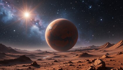 Futuristic view of a cracked red planet floating above rocky alien terrain under starry galaxy sky
