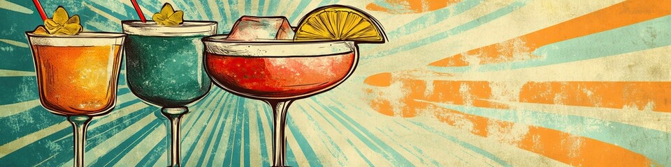 Three vibrant cocktails on retro background. Colorful alcoholic beverages in vintage pop art style. Summer drink banner for restaurant design.