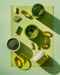 Wellness Superfood Flat Lay – Matcha Powders and Natural Supplements