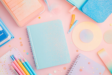 Pastel Glitter Stationery Flat-lay with Notebooks and Round Sticker