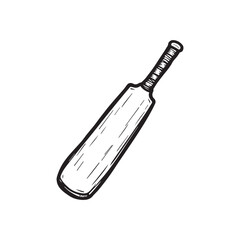Cricket bat. Ink black and white doodle drawing in woodcut style.