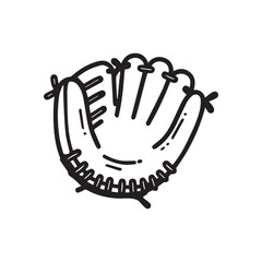 Baseball Glove Doodle Icon. Hand drawn Softball catcher player equipment in outline style. Sports game symbol. Line art vector illustration.