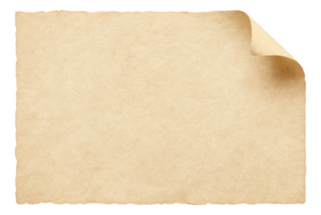 A sheet of textured beige paper with a slightly curled corner on transparent background.