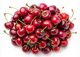 A pile of ripe red cherries on a white background with stems