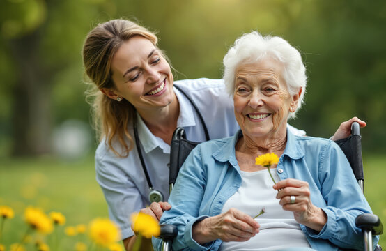 Smiling nurse caregiver in uniform holds flower with senior woman in wheelchair. Elderly lady enjoys sunny day, relaxing in park. Healthcare, support, nursing home concept.