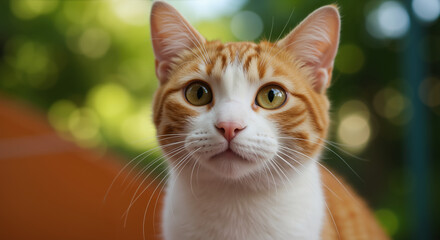 Orange tabby cat with golden eyes looking directly at camera on blurred green garden background. Curious feline portrait for pet care services and veterinary campaigns