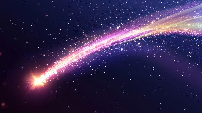 A vibrant, multicolored comet streaks across a dark, star-dusted sky, its luminous tail shimmering with iridescent sparkles and a bright, radiant head