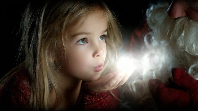 Santa Claus and a young girl with blonde hair and blue eyes who blows fairy dust from her hand towards Santa.
