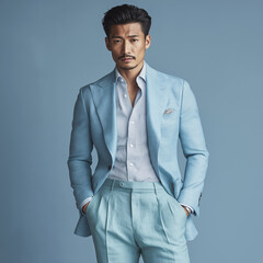 Asian male model wearing a light blue wool tailored suit jacket with large patch pockets, slacks in light green Gradient to deep blue color background