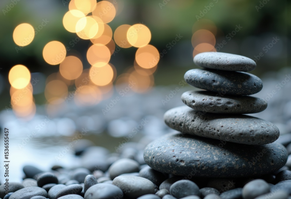 Poster smooth stacked stones on a pebble surface with blurred warm lights in the background